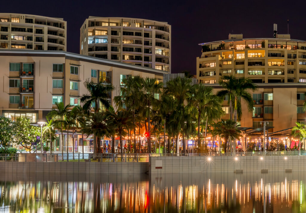 The beautiful Waterfront of Darwin, Australia, seen with the reflection in the water in the evening light. Darwin Visitor Guide