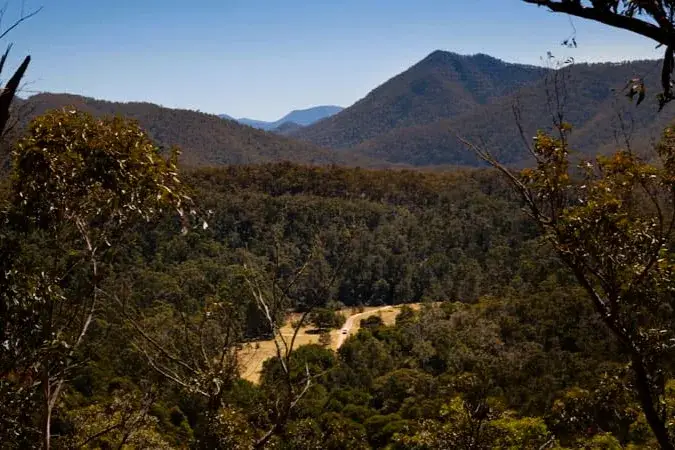 view of valley, trees and hills in the deua national park