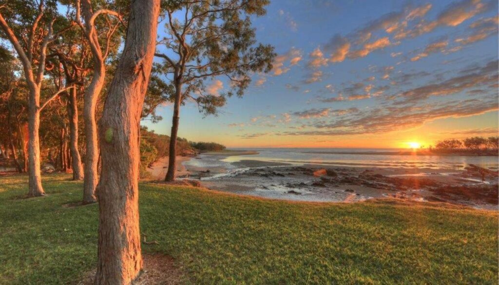 Beautiful scenes at sunset with green grass and tress beside the ocean at Discovery Parks Tannum Sands