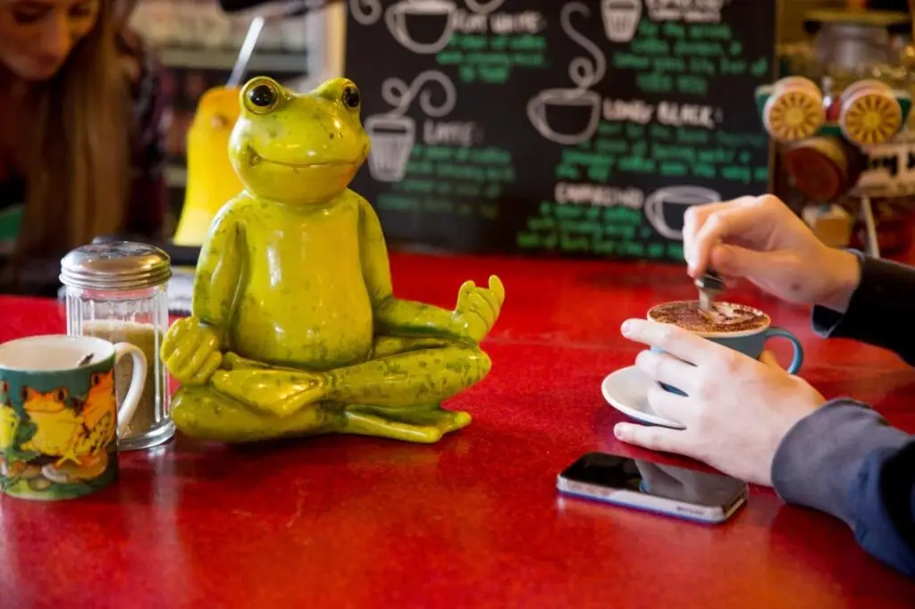 A meditating from while a guest tirs a coffee before a big adventourous day out at The Pickled Frog Hostel.