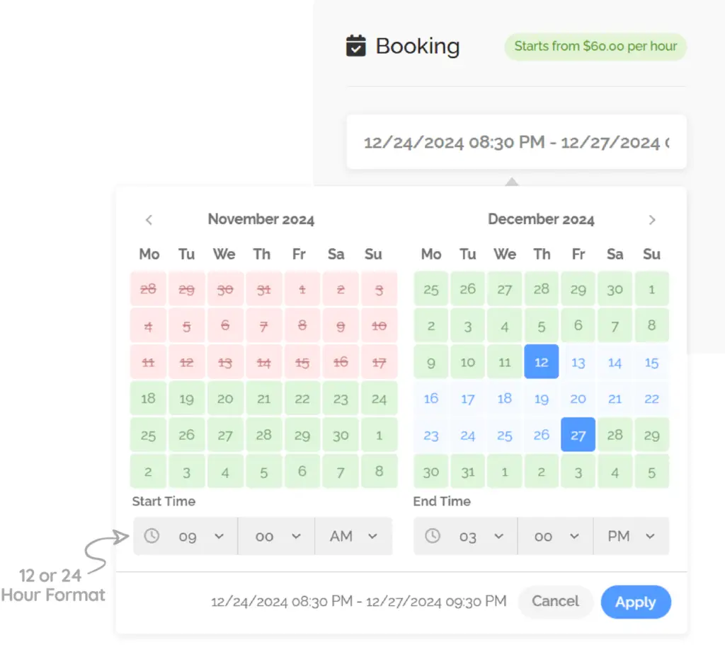 A calendar showing available dates, booked dates and date being booked with hourly option. Create a listing on Trippie