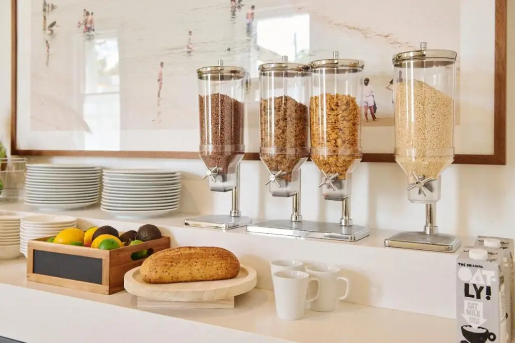 Healthy complimentary breakfasts with cereal, coffee and bread at The Pacific House.